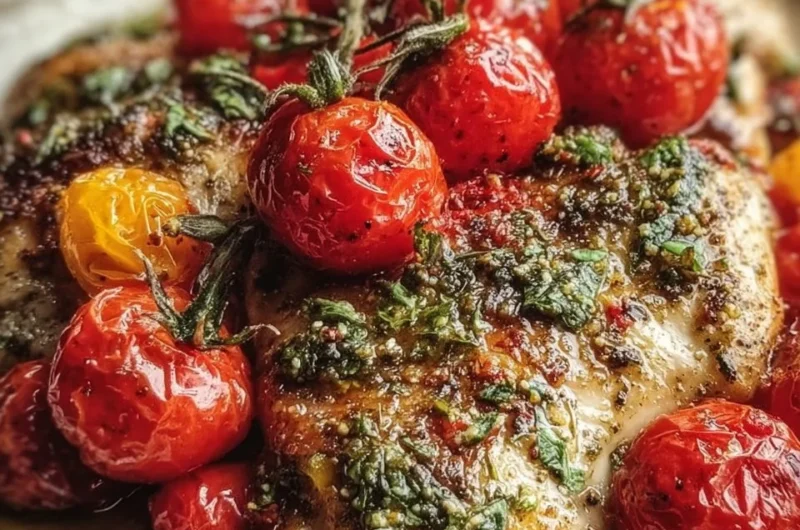 Flavorful pesto chicken with cherry tomatoes on a plate