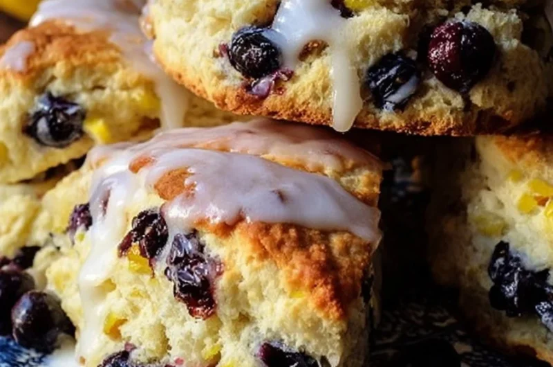 Fluffy lemon blueberry scones on a white plate
