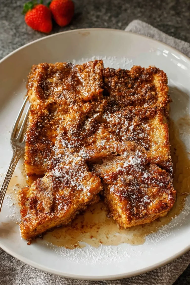 Deliciously baked French Toast with syrup and berries on a plate