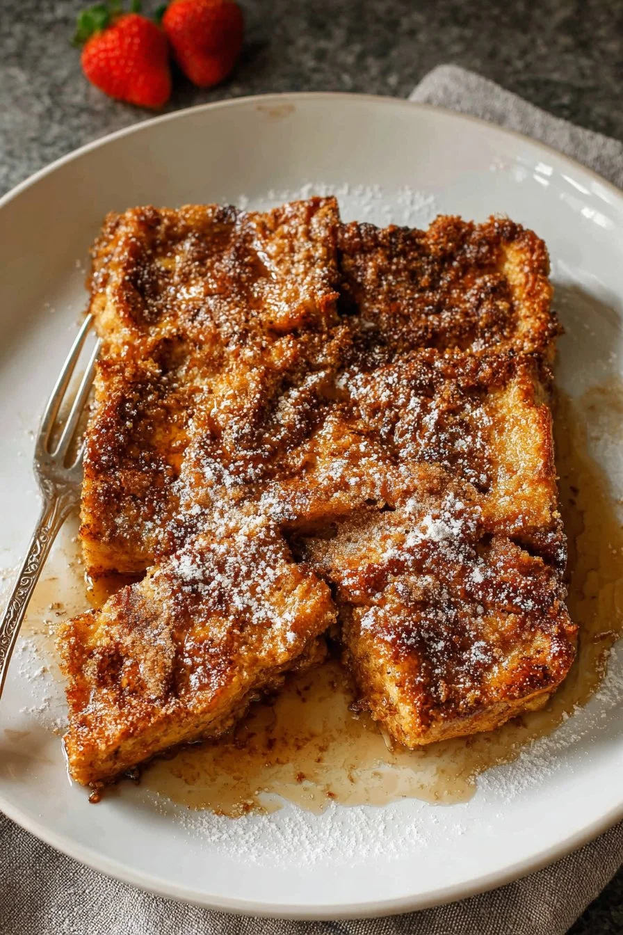 Deliciously baked French Toast with syrup and berries on a plate