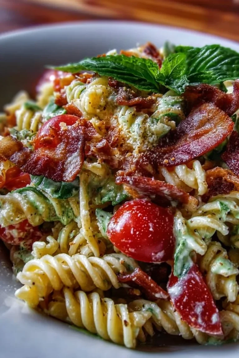 Fresh BLT Pasta Salad with bacon, lettuce, and tomatoes in a bowl
