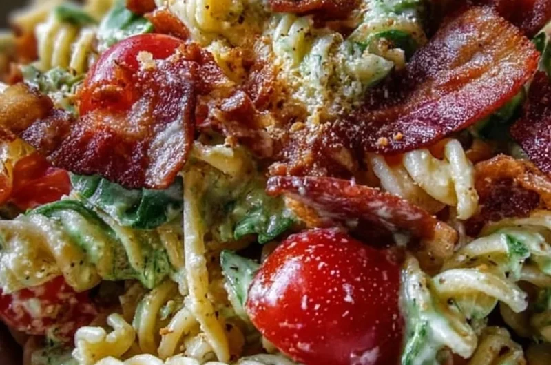 Fresh BLT Pasta Salad with bacon, lettuce, and tomatoes in a bowl