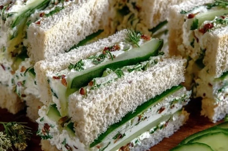 Fresh cucumber cream cheese tea sandwiches on a plate for afternoon tea