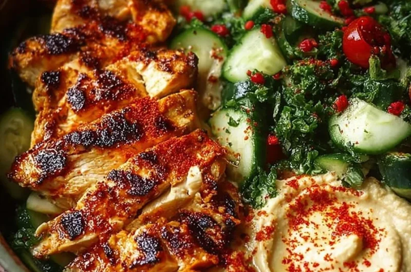 Lemon Chili Grilled Chicken Bowl with Cucumber Salad and Hummus
