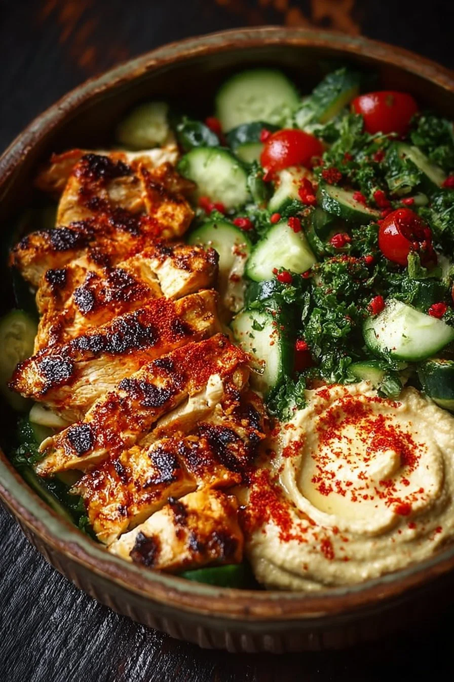 Fresh & Fiery: Lemon Chili Grilled Chicken Bowls with Cucumber Salad & Hummus