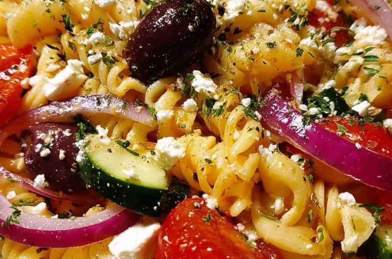 A delicious bowl of fresh Greek pasta salad with vegetables and feta cheese.