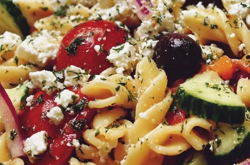 Fresh Greek Pasta Salad with colorful vegetables and feta cheese