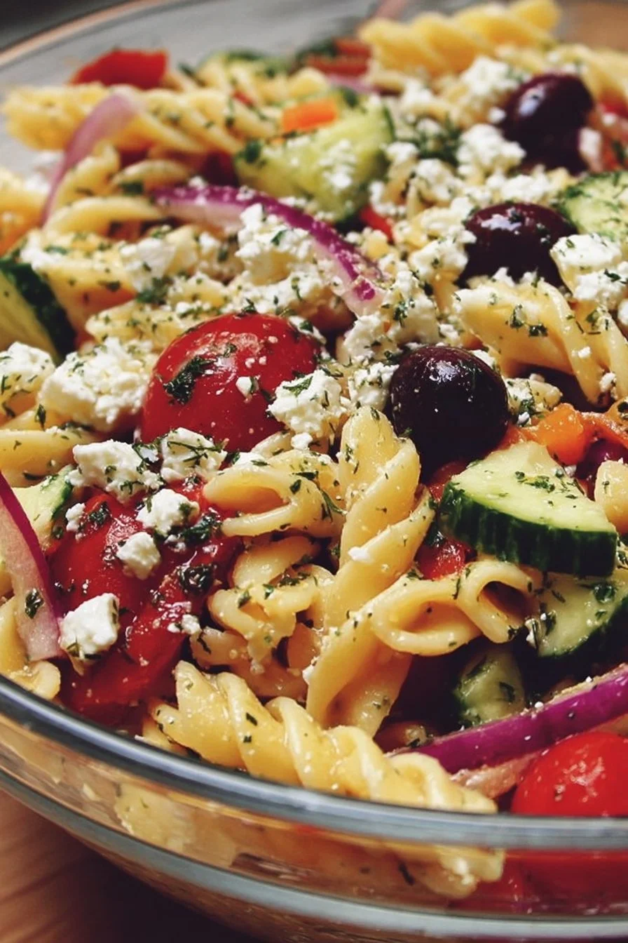 Fresh Greek Pasta Salad with colorful vegetables and feta cheese