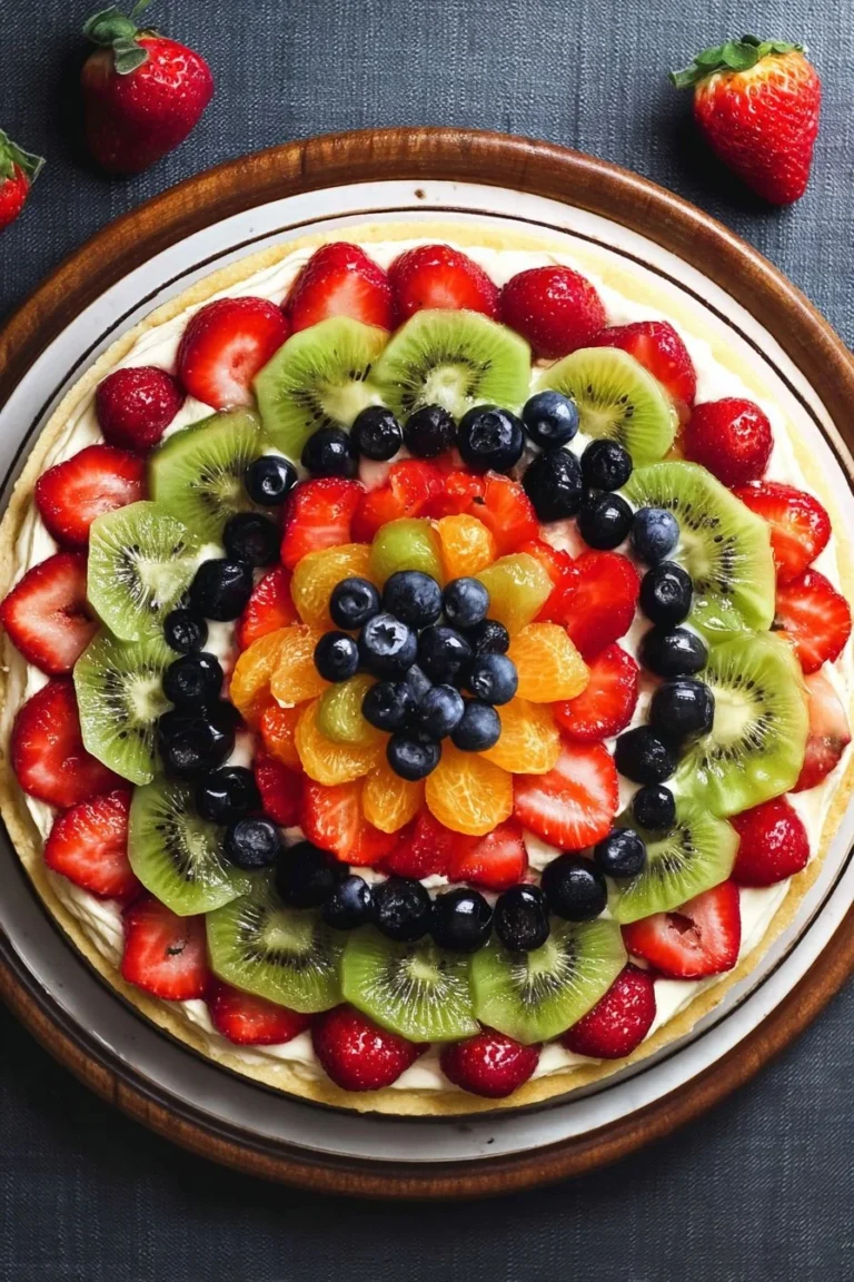 Colorful fruit pizza topped with assorted fresh fruits and creamy frosting