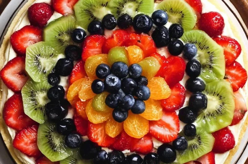 Colorful fruit pizza topped with assorted fresh fruits and creamy frosting