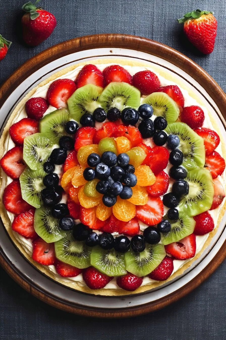 Colorful fruit pizza topped with assorted fresh fruits and creamy frosting