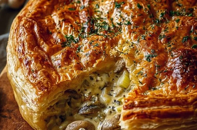 Golden Puff Pastry Chicken Mushroom Pie served with leeks and creamy sauce