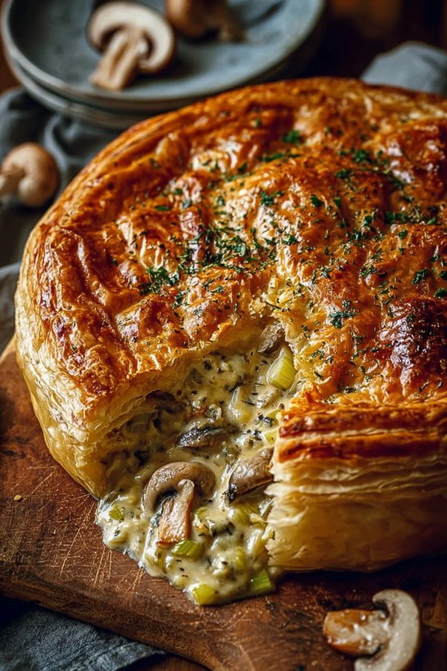 Golden Puff Pastry Chicken Mushroom Pie with Leeks and Creamy Sauce