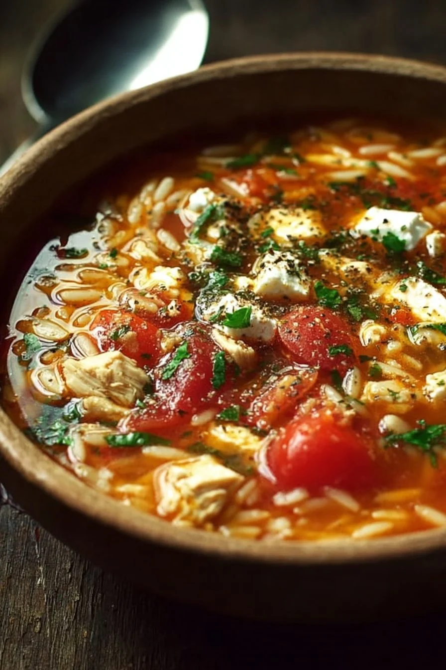 Greek Chicken Orzo Soup with Feta and Tomatoes