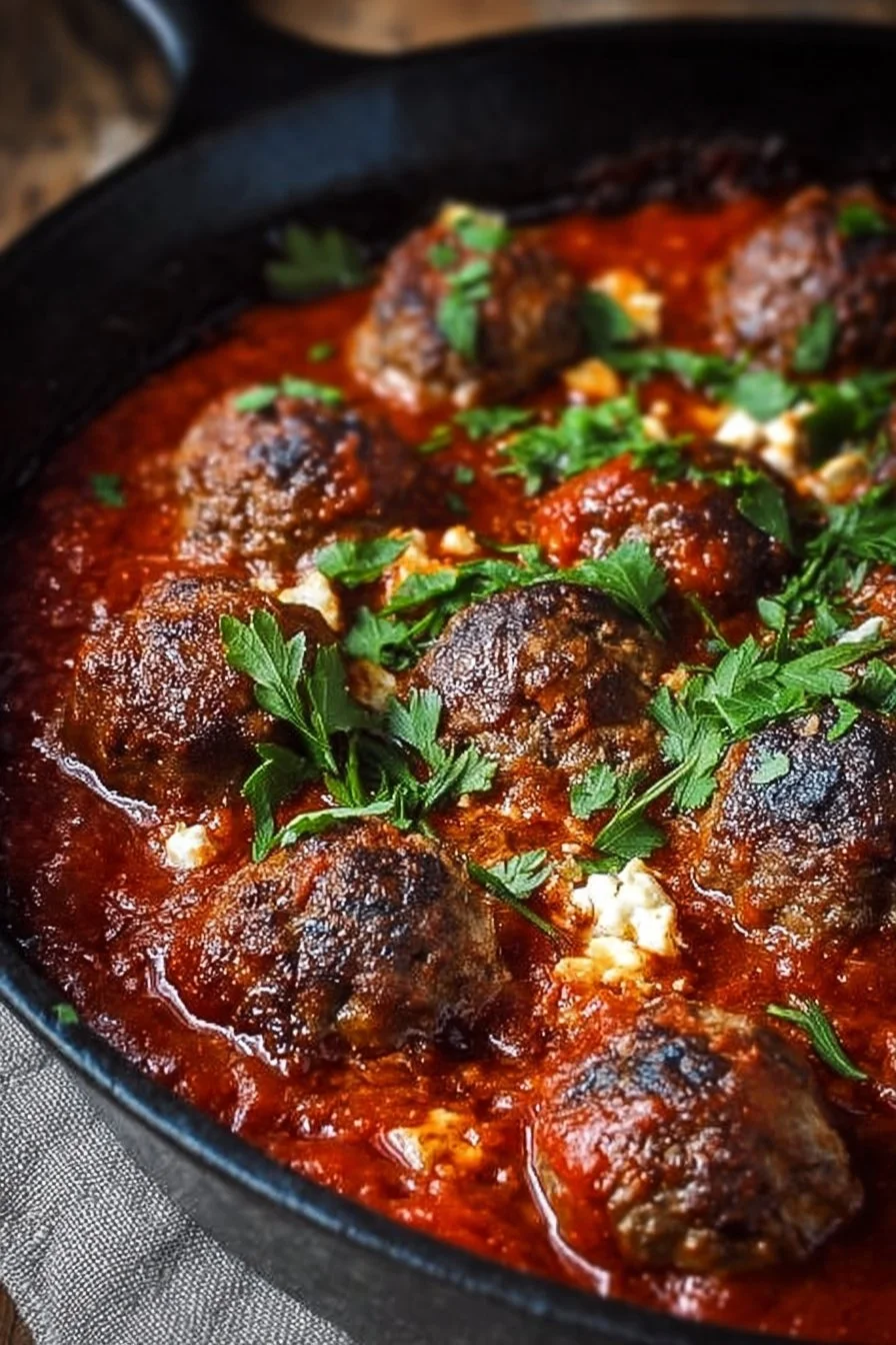 Greek-Style Lamb & Beef Meatballs in Rich Tomato&ndash;Mushroom Sauce