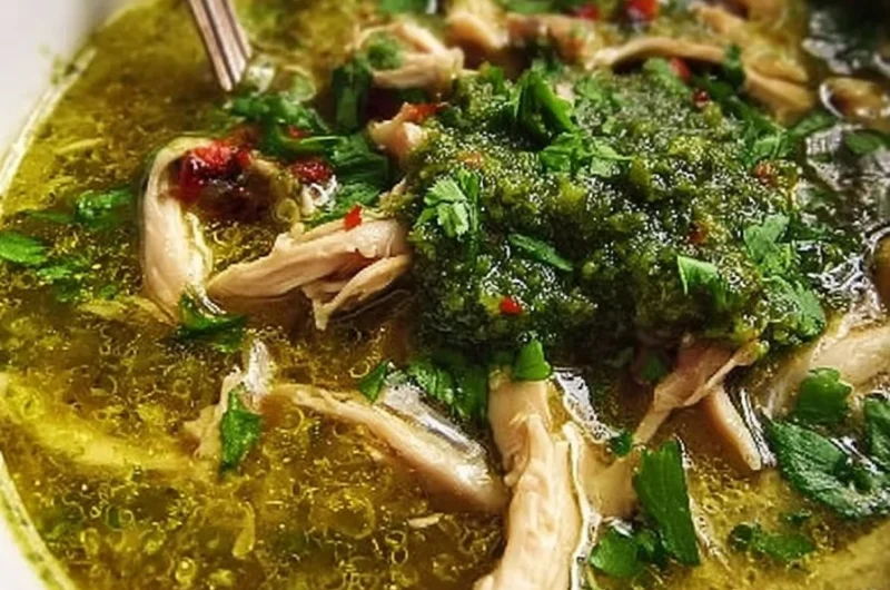 Bowl of green chicken quinoa soup with mushrooms and fresh herbs