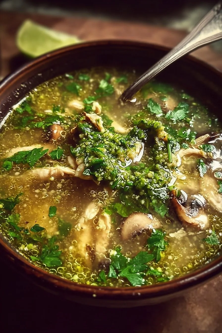 Bowl of Green Chicken Quinoa Soup with mushrooms and fresh herbs