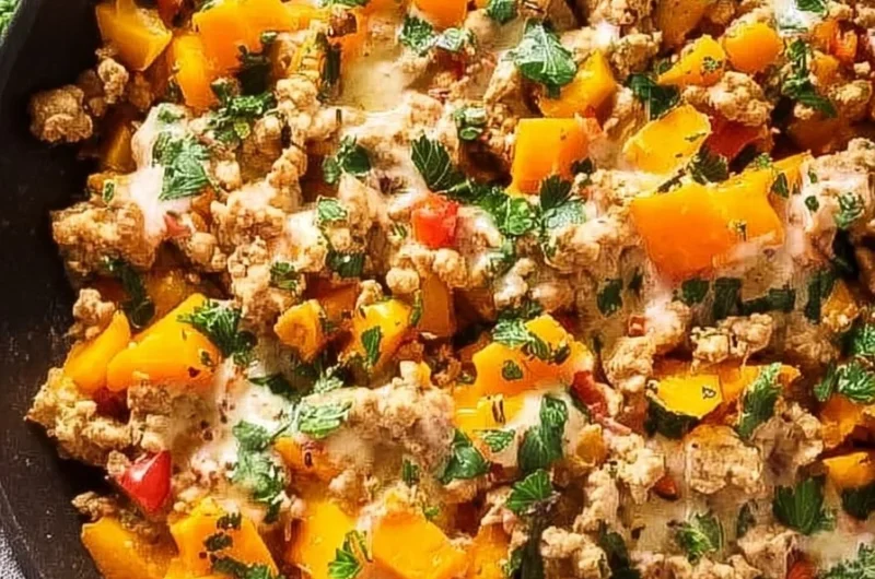 Ground Turkey Butternut Squash Skillet served in a pan