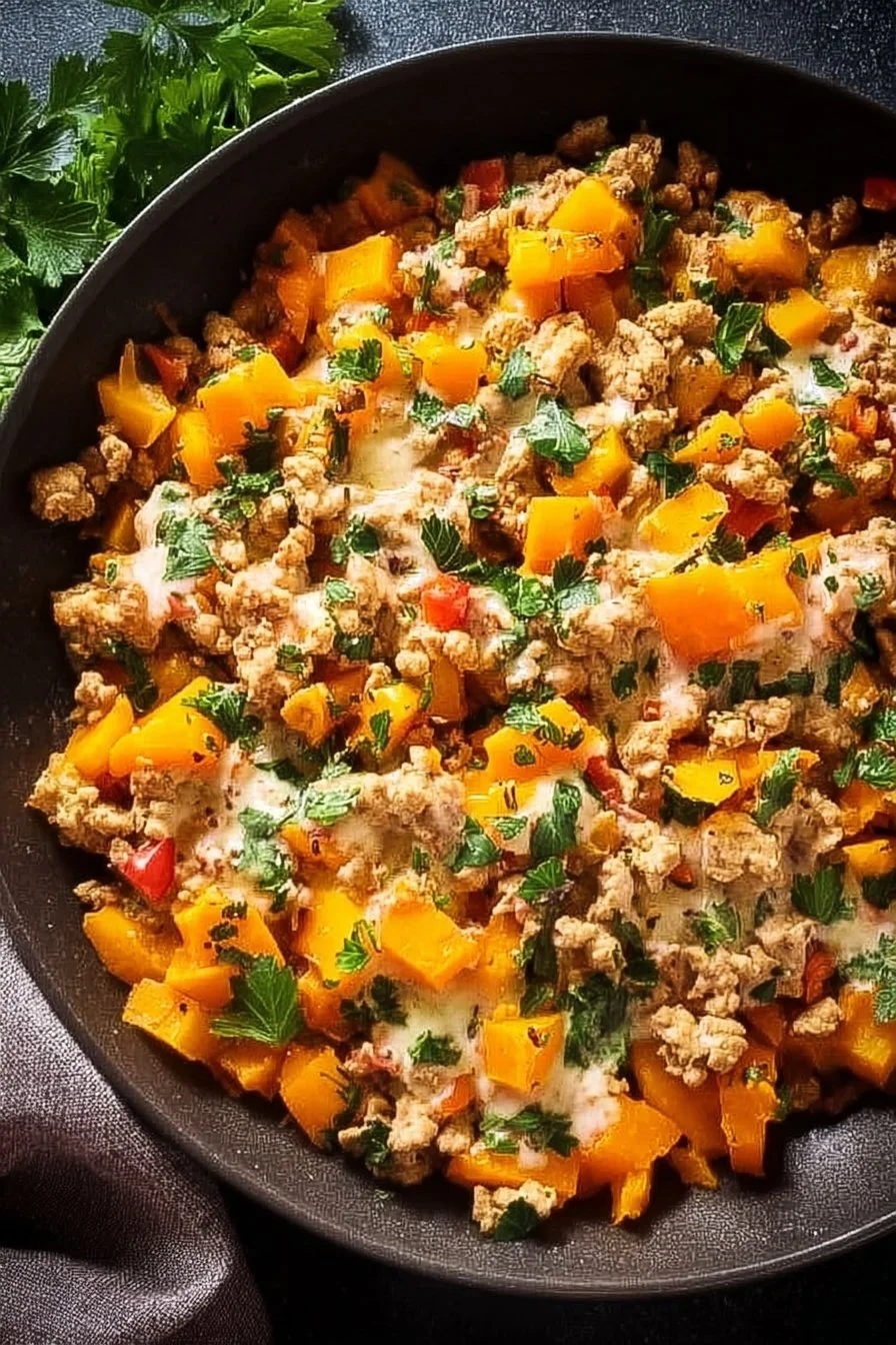 Ground Turkey Butternut Squash Skillet served in a pan