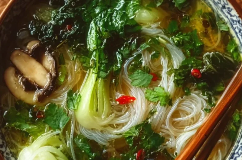 Bowls of Healing Ginger Garlic Broth with Rice Noodles garnished with herbs.
