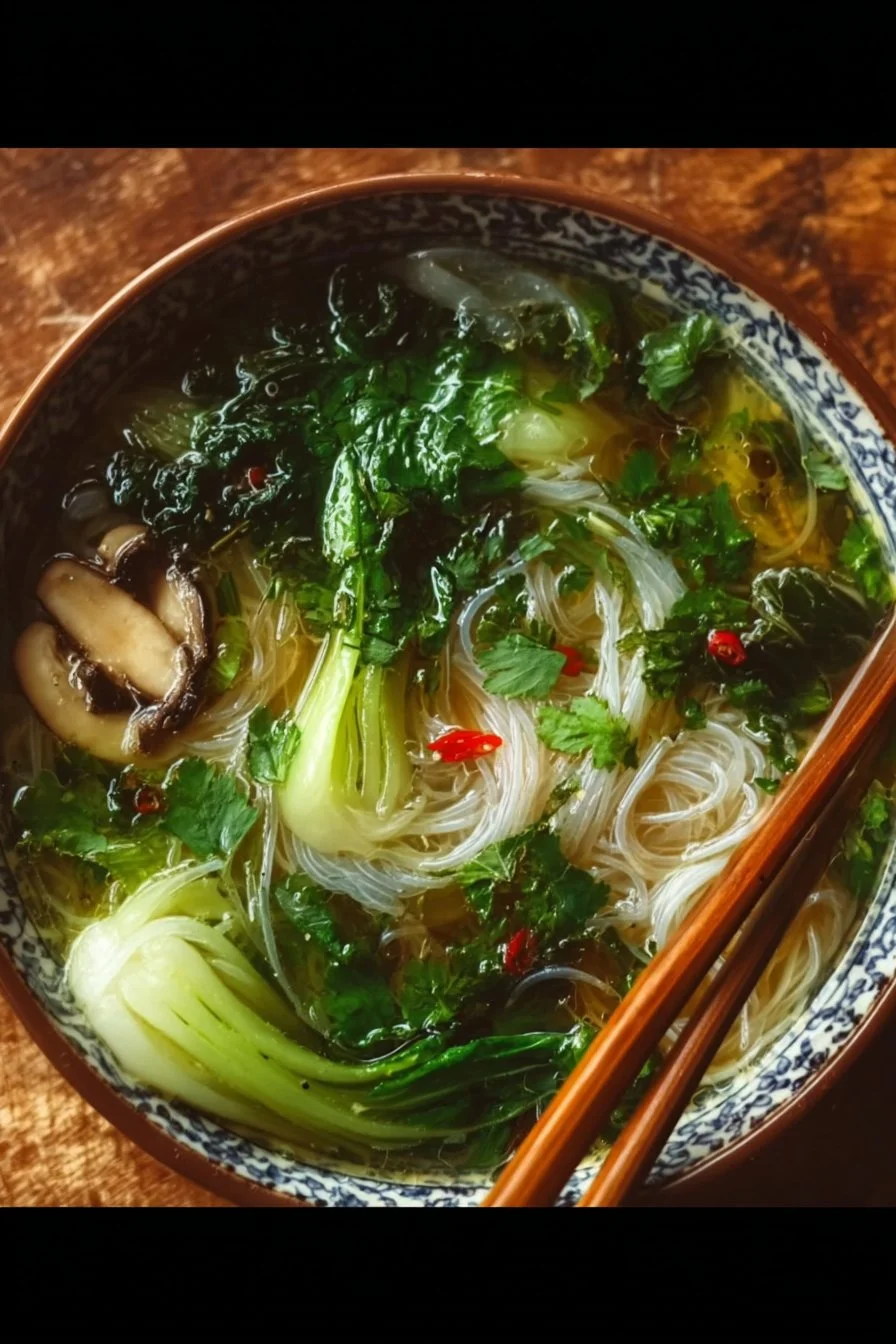 Bowls of Healing Ginger Garlic Broth with Rice Noodles garnished with herbs.