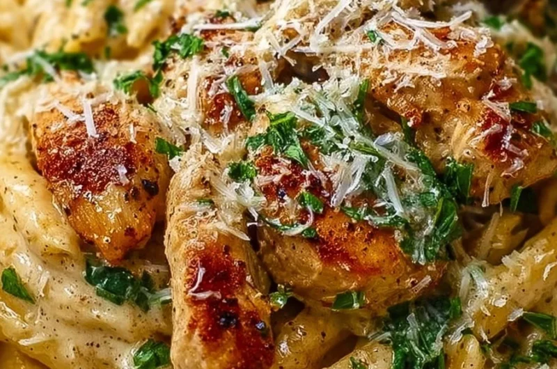 Healthy Garlic Parmesan Chicken Pasta with chicken, garlic, and parmesan cheese