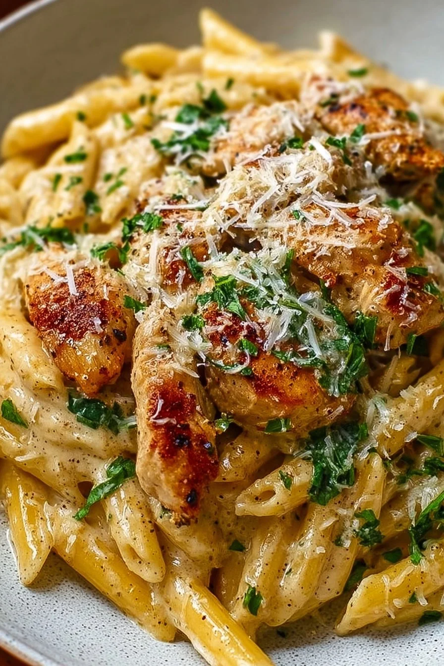 Healthy Garlic Parmesan Chicken Pasta with chicken, garlic, and parmesan cheese