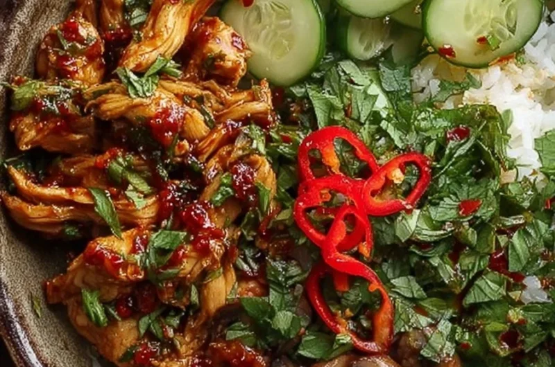 Healthy sweet chili chicken bowl with mushrooms and cucumber salad