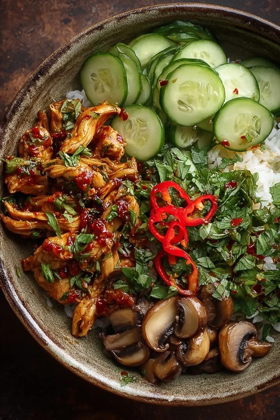 Healthy Sweet Chili Chicken Bowls with Mushrooms and Crunchy Cucumber Salad