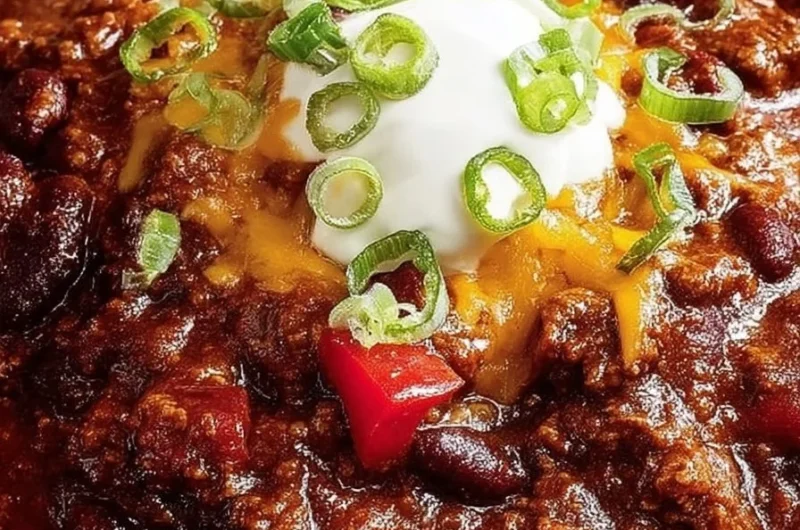 Hearty award-winning crockpot chili with beans in a slow cooker