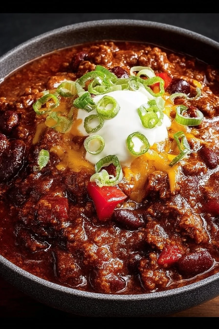 Hearty award-winning crockpot chili with beans in a slow cooker
