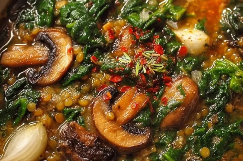 Bowl of hearty grain spinach and mushroom soup with fresh ingredients