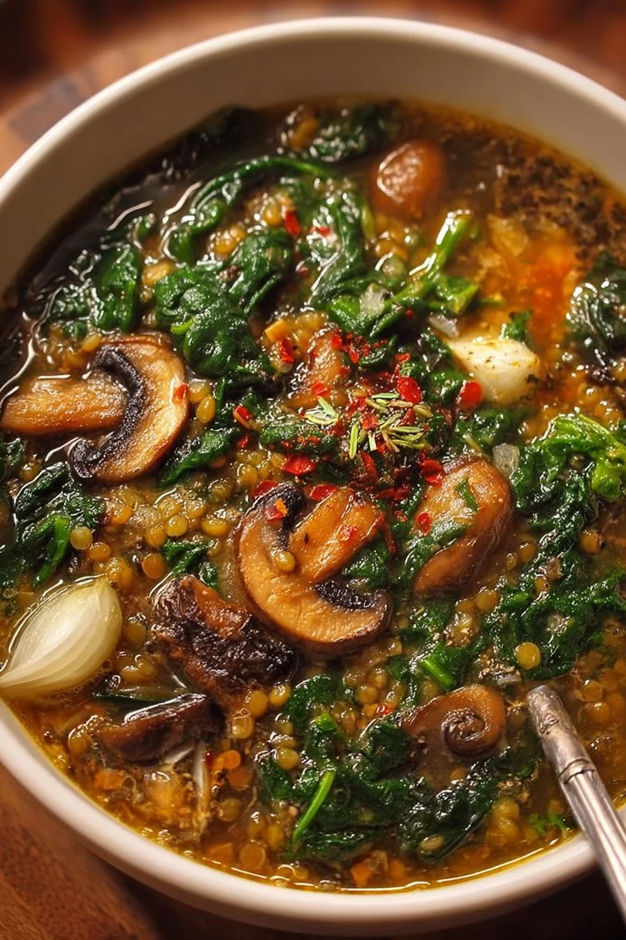 Bowl of hearty grain spinach and mushroom soup with fresh ingredients