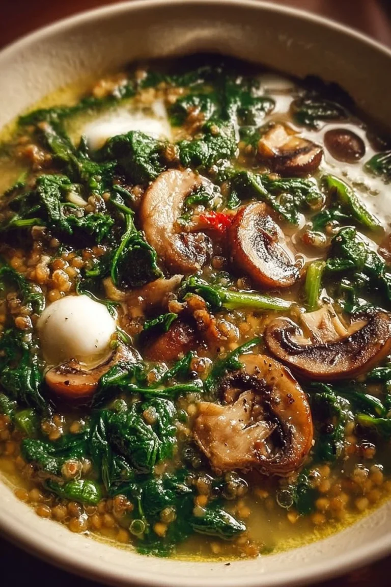 Bowl of hearty grain spinach and mushroom soup garnished with fresh herbs