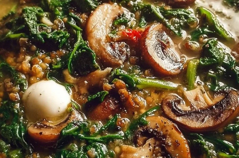 Bowl of hearty grain spinach and mushroom soup garnished with fresh herbs