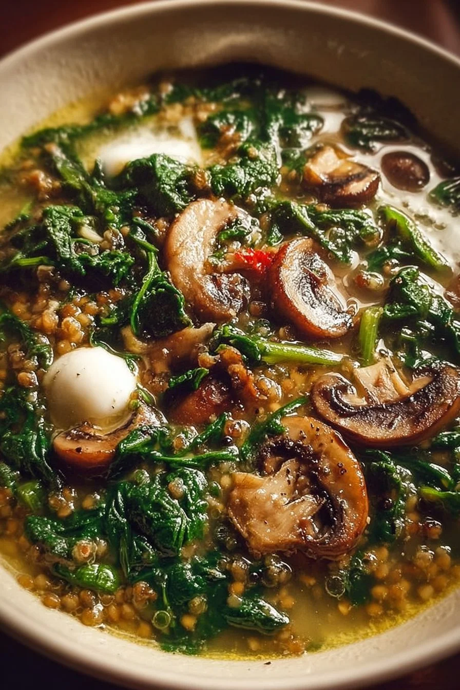 Bowl of hearty grain spinach and mushroom soup garnished with fresh herbs