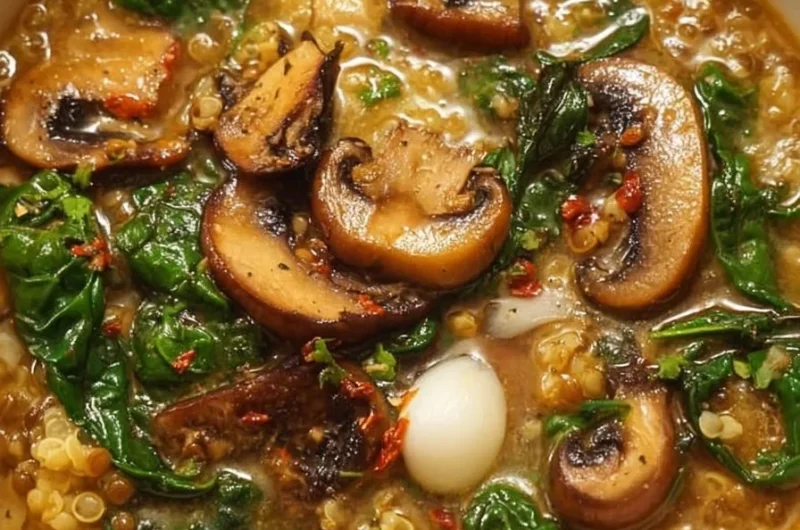 Hearty grain spinach and mushroom soup in a bowl, garnished with herbs