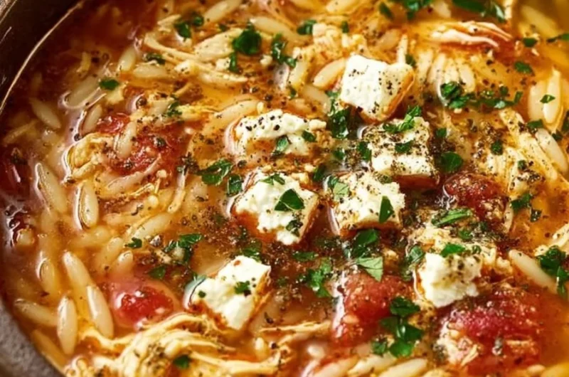 Delicious Greek Chicken Orzo Soup with Feta and fresh herbs in a bowl