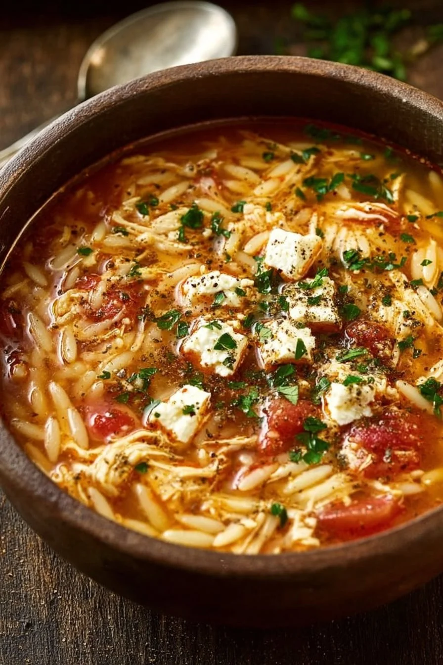 Delicious Greek Chicken Orzo Soup with Feta and fresh herbs in a bowl