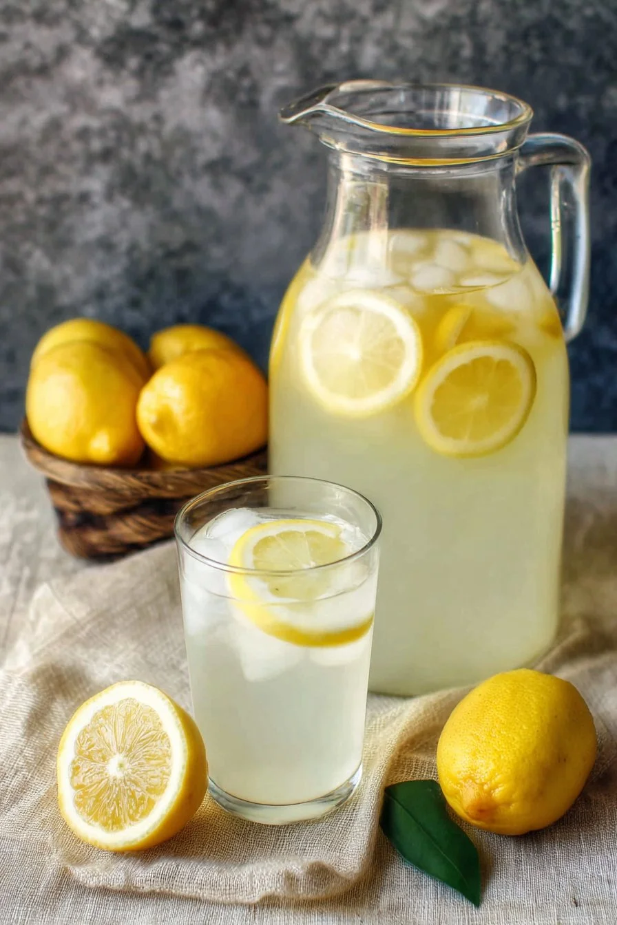 Glass of homemade lemonade made with fresh lemons