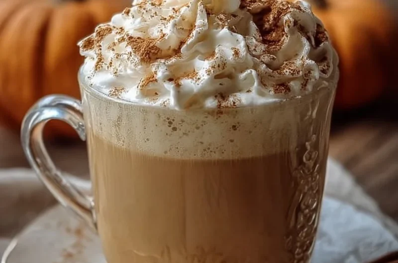Homemade pumpkin spice latte in a mug with whipped cream and fall decorations