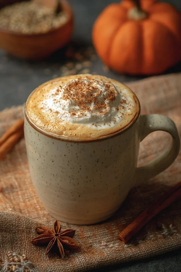 Homemade pumpkin spice latte in a decorative mug