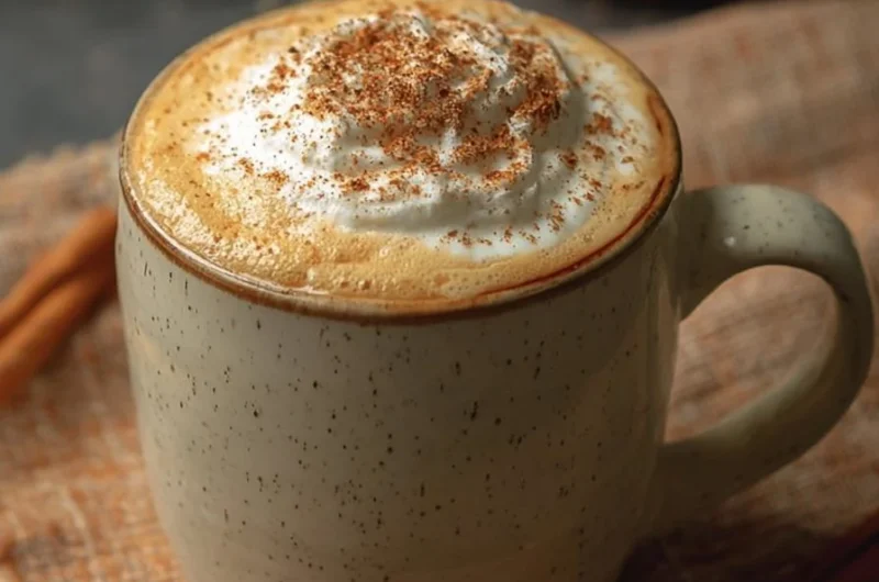 Homemade pumpkin spice latte in a decorative mug