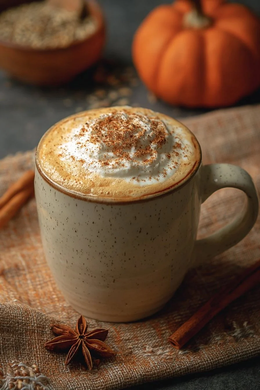 Homemade pumpkin spice latte in a decorative mug