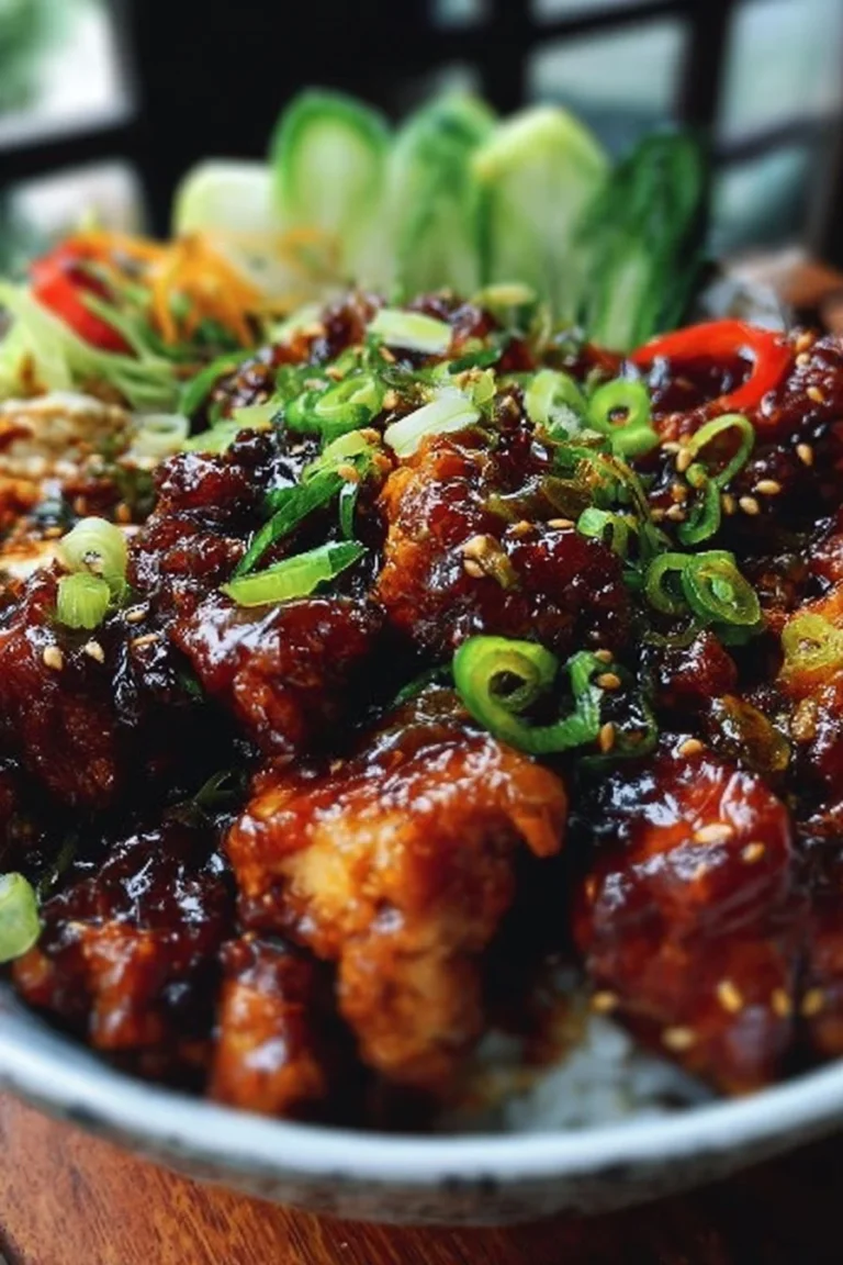 Honey BBQ Chicken Rice Bowl topped with fresh vegetables and savory sauce.