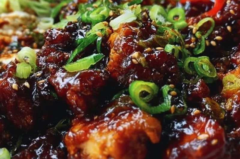 Honey BBQ Chicken Rice Bowl topped with fresh vegetables and savory sauce.