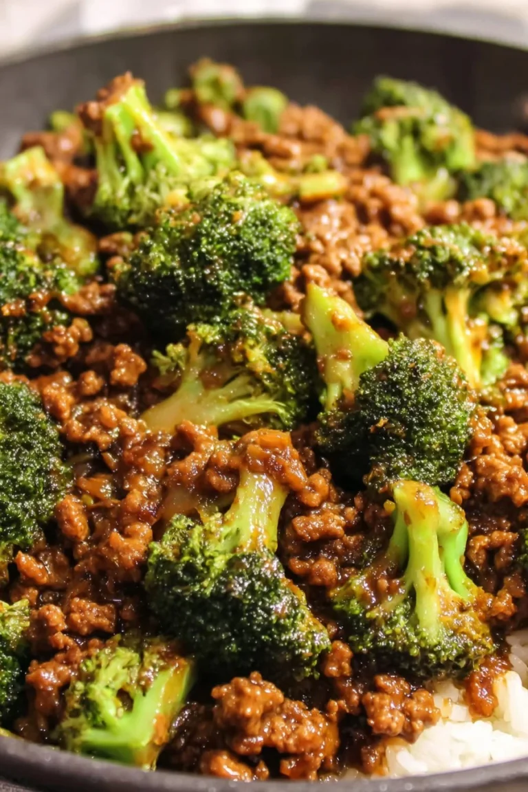 Honey Garlic Beef stir-fry with ground beef and broccoli served on a plate.