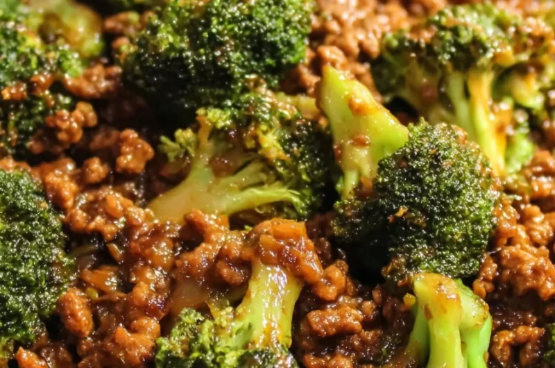 Honey Garlic Beef stir-fry with ground beef and broccoli served on a plate.