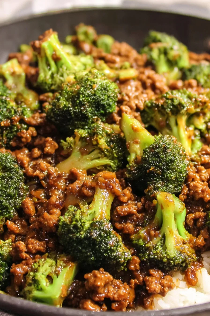 Honey Garlic Beef stir-fry with ground beef and broccoli served on a plate.