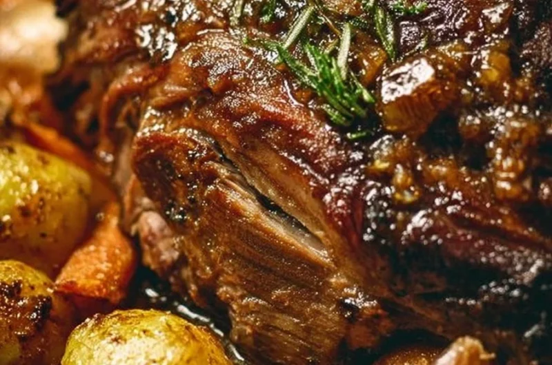Honey Garlic Lamb Shoulder Roast garnished with herbs and served on a platter